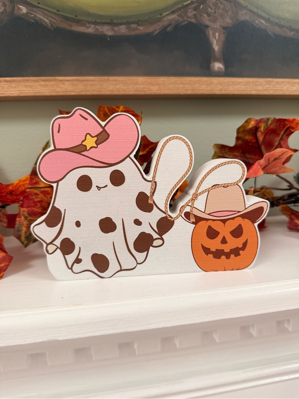 Cute Cowboy Ghost & Pumpkin Western Halloween Wood Accent - Pink and Orange